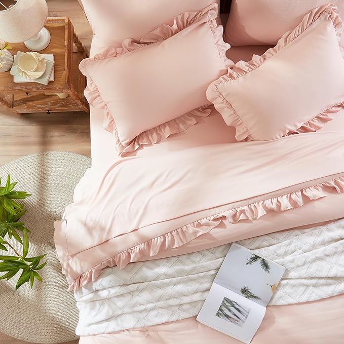 Anluoer Twin Comforter Set 5 Piece, Pink Bed in a Bag with Sheets, All Season Ruffle Shabby Chic Bedding Sets with 1 Comforter, 1 Pillow Sham, 1 Pillowcase, 1 Flat Sheet, 1 Fitted Sheet - LeafyLoom