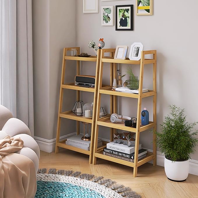 SMIBUY Bamboo Ladder Bookcase, Bathroom Storage Rack Organizer, 4 Tier Freestanding Plant Display Stand Space Saver Shelves for Bedroom, Kitchen, Balcony (Natural) - LeafyLoom