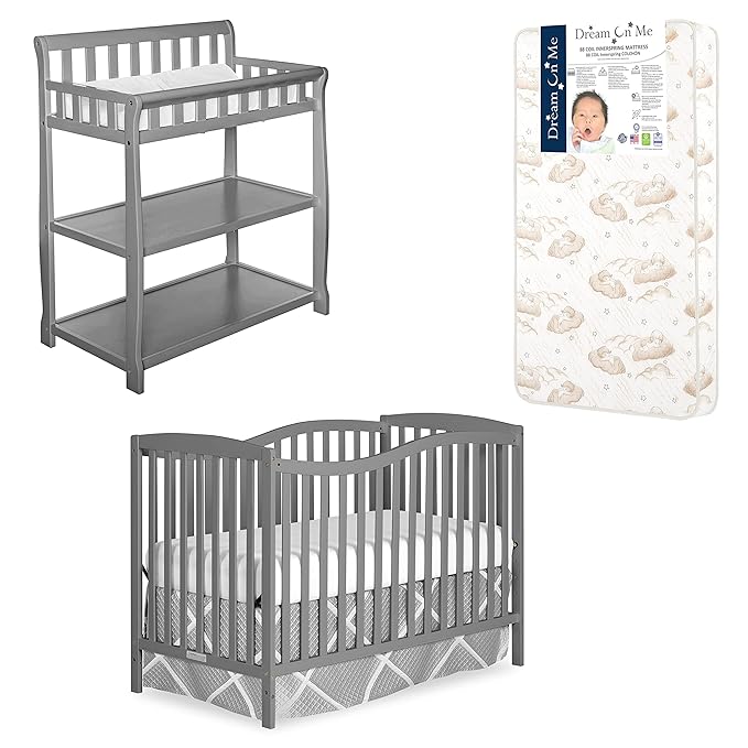 Nursery Essentials Bundle of Dream On Me Chelsea 5-in-1 Convertible Crib, Dream On Me Ashton Changing-table, with a Dream On Me Twilight 5” 88 Coil Inner Spring Crib and Toddler Mattress - LeafyLoom