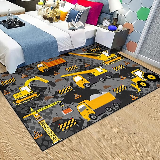 Construction Rugs for Boys Room Play Rug for Cars and Trucks Car Rug Play Mat Kids Rugs for Playroom Car Rug for Boys Room Construction Decor for Boys Room,Grey 3'×4' - LeafyLoom