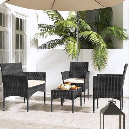 Patio Furniture, 4 Piece Conversation Set, Outdoor Wicker Rattan Table and Chairs, Sectional Sofa with Thick Cushion for Garden, Yard, or Porch, Dark Black - LeafyLoom