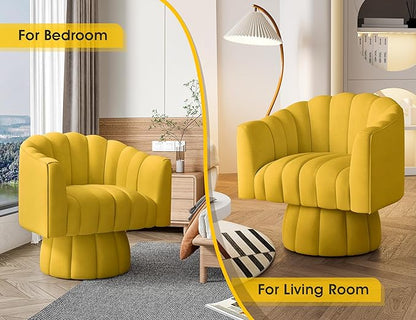 Accent Chair Mid Century 360 Degree Swivel Chair,Modern Lounge Sofa Round Barrel Chair with Wide Upholstered,Fluffy Velvet Fabric Chairs for Home Sofa Living Room/Bedroom/Waiting Room(Yellow) - LeafyLoom