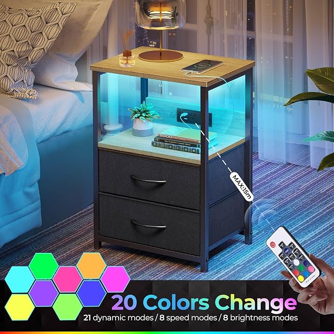 Seventable Nightstand set of 2 with Charging Station, Bedside table with LED Lights, Night stand with 2 Fabric Drawers, 3-Tier Storage End Table for Bedroom, Greige - LeafyLoom