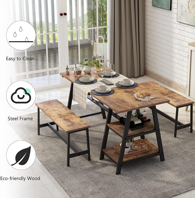 soges 3 Pieces Kitchen Dining Table Set for 4, Breakfast Table Set with 2 Benches, 4-Person Wooden Dinette with Wine Shelf and Glass Holder, Rustic Brown 10CZWKDS04TW140 - LeafyLoom