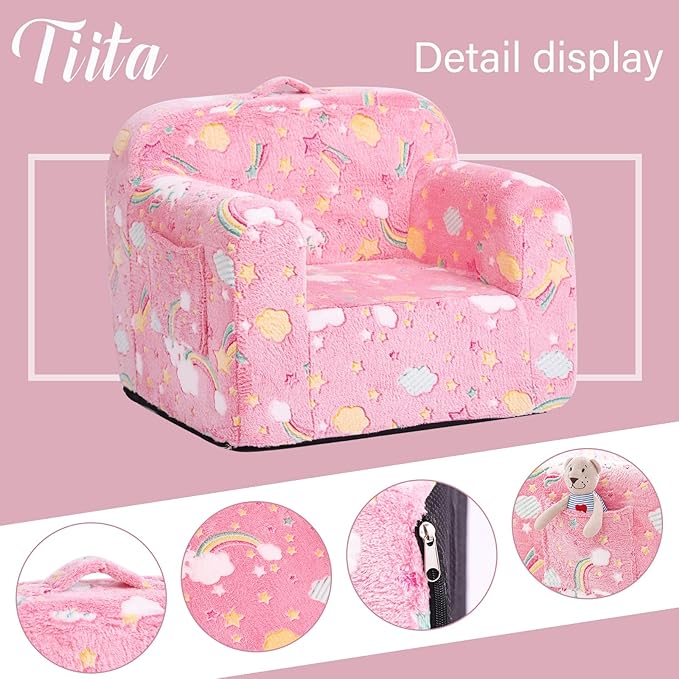 Tiita Kids Sofa, Children Couch with Carrying Handle & Side Pockets, Kids Foam Chair, Toddler Armrest Chair, Lightweight Children Sofa Chair, Kids Read Sofa for Girl or Boy(Pink Rainbow) - LeafyLoom