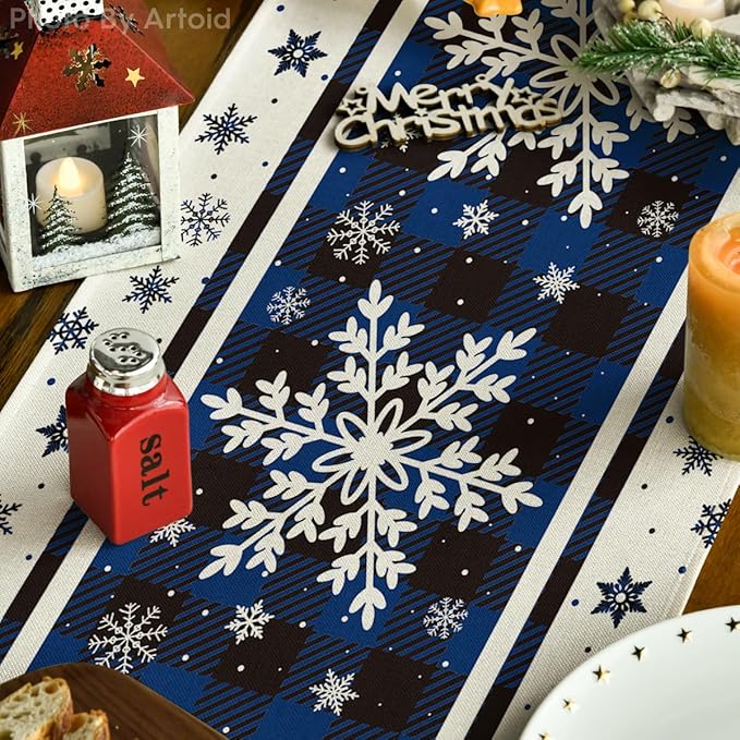 Artoid Mode Buffalo Plaid Snowflakes Blue Christmas Table Runner, Seasonal Winter Kitchen Dining Table Decoration for Home Party Decor 13x120 Inch ArtoidMode