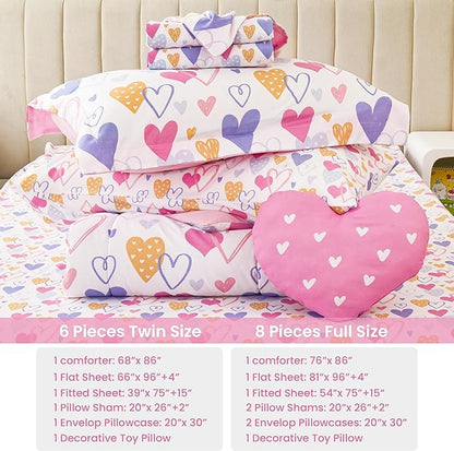 Mooreeke Full Size Comforter Sets for Girls Kids, 8 Pieces Bed in a Bag Pink Heart Bedding Comforter Sheet Set with Shams and Decorative Toy Pillow, Ultral Soft Microfiber Kids Bed Set - LeafyLoom