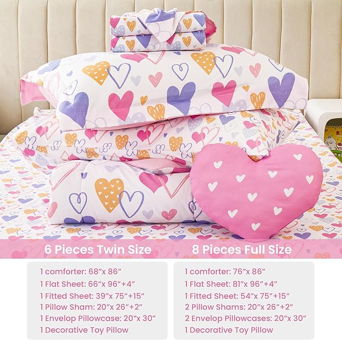 Mooreeke Twin Size Comforter Sets for Girls Kids, 6 Pieces Bed in a Bag Pink Heart Bedding Comforter Sheet Set with Shams and Decorative Toy Pillow, Ultral Soft Microfiber Kids Bed Set - LeafyLoom