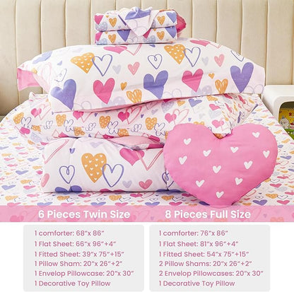 Mooreeke Twin Size Comforter Sets for Girls Kids, 6 Pieces Bed in a Bag Pink Heart Bedding Comforter Sheet Set with Shams and Decorative Toy Pillow, Ultral Soft Microfiber Kids Bed Set - LeafyLoom