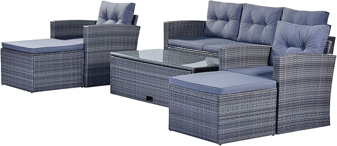 Merax Furniture 6-Piece All-Weather PE Rattan Patio Outdoor Conversation Set with Coffee Table,Wicker Sofas,Ottomans,Removable Cushions,Grey - LeafyLoom