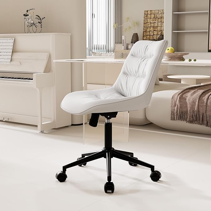 Kidol & Shellder Armless Office Chair Desk Chair Comfy Makeup Vanity Chair with Back Ergonomic Swivel Chair Home Office Desk Chairs with Wheels Rolling Computer Chair Bedroom Accent Chair(White) - LeafyLoom