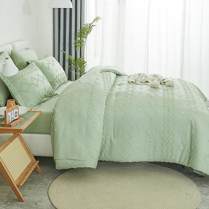 EMME Twin Comforter Set - 5 Pcs Sage Green Boho Bedding Sets, Tufted Comforter with Sheets, Shabby Chic Embroidery Twin Bed Set Fluffy Bed Bag for All Season(68"X90") - LeafyLoom