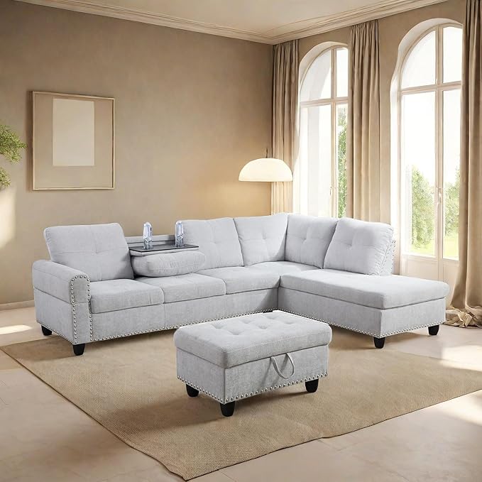 L Shaped Sofa with Ottoman Modern Sectional Living Room, Bedroom, Office, L Couch Grey White - LeafyLoom