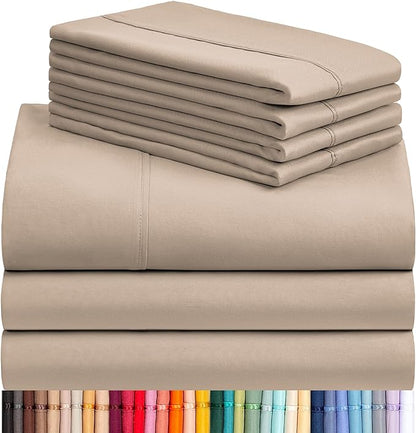 LuxClub 7 PC Split King Sheet Set, Breathable Luxury Bed Sheets, Deep Pockets 18" Eco Friendly Wrinkle Free Cooling Sheets Machine Washable Hotel Bedding Silky Soft - Light Khaki Split King - LeafyLoom