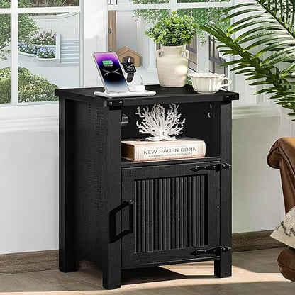 Night Stand, 18 Inch Farmhouse Nightstand with with Charging Station and USB Port, Rustic Couch End Table with Magnetic Door, Wood Bed Side Tables for Bedroom, Home, Black - LeafyLoom