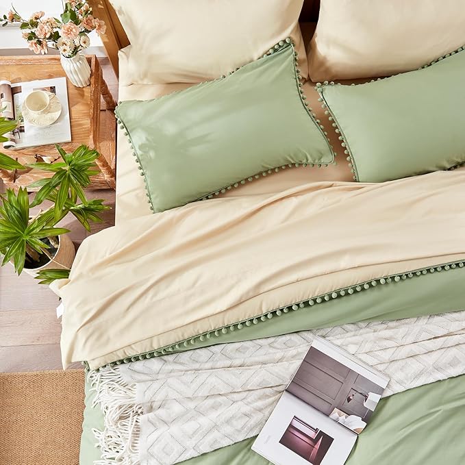 Anluoer King Comforter Set 7 Piece, Sage Green Bed in a Bag with Sheets, Pom Pom Boho Bedding Comforter Sets with 1 Comforter, 2 Pillow Shams, 2 Pillowcases, 1 Flat Sheet, 1 Fitted Sheet - LeafyLoom