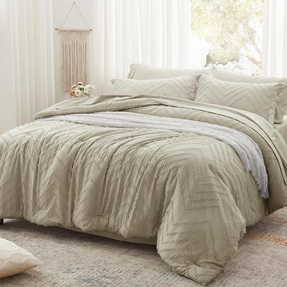 Anluoer Full Comforter Set, Oatmeal Tufted Bed in a Bag 7 Pieces with comforters and sheets, All Season Bedding Sets with 1 Comforter, 2 PillowShams, 2 Pillowcases, 1 Flat Sheet, 1 Fitted Sheet - LeafyLoom