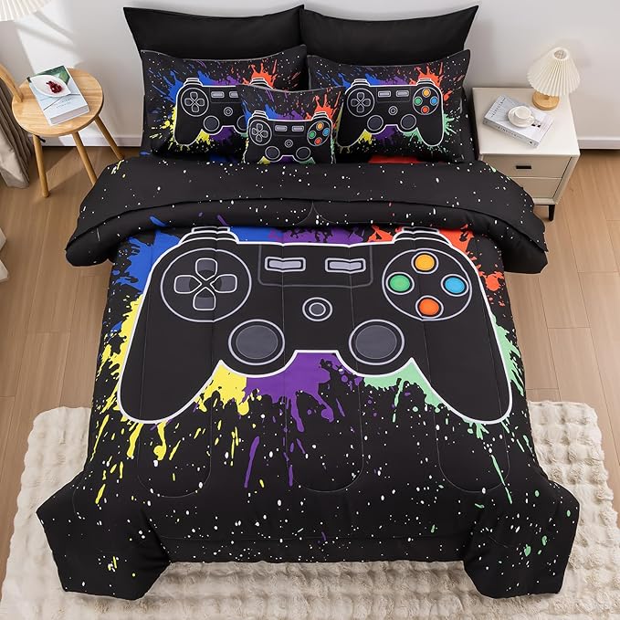 8Pcs Gamer Comforter Set with Sheets for Boys Girls Kids Teens, Colorful Graffiti Gaming Themed Bed in A Bag Queen Size, Black 3D Video Game Controller Bedroom Decor Bedding Set-Black - LeafyLoom