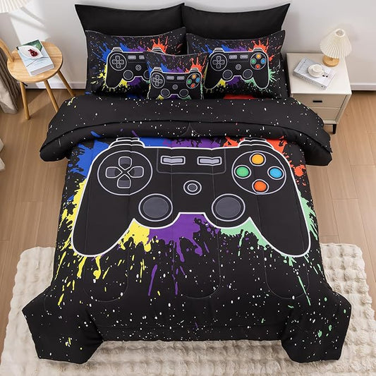 8Pcs Gamer Comforter Set with Sheets for Boys Girls Kids Teens, Colorful Graffiti Gaming Themed Bed in A Bag Queen Size, Black 3D Video Game Controller Bedroom Decor Bedding Set-Black - LeafyLoom