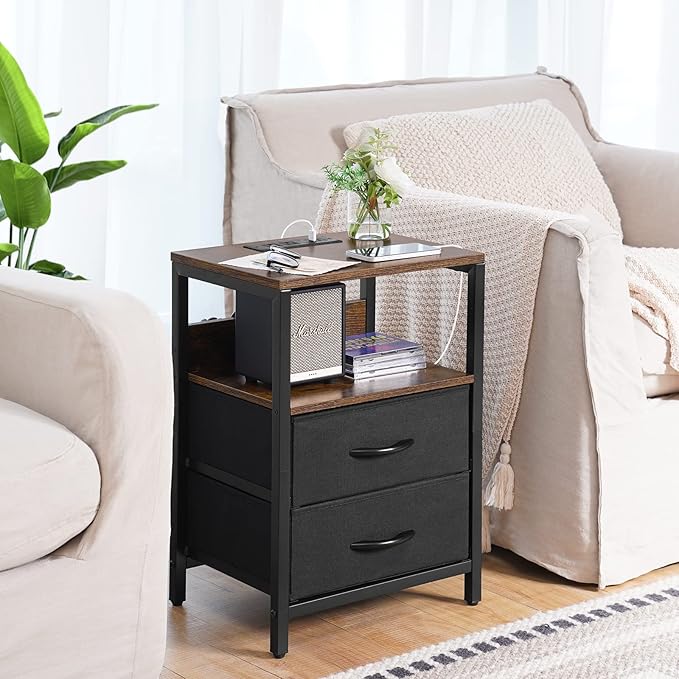 Yoobure Nightstand with Charging Station, Small Night Stand with Fabric Drawers and Storage Shelf for Bedrooms, Nightstands for Small Spaces, Bedside Table with USB Ports & Outlets, Bed Side Table - LeafyLoom