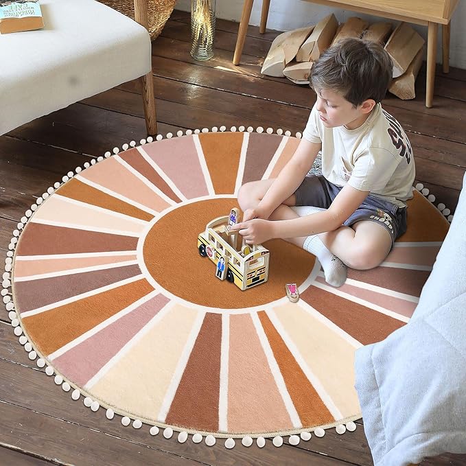 Topotdor Boho Round Area Rug 4ft Sun Rainbow Nursery Rugs for Kids Room, Washable Ultra Soft Circle Area Rug with Pom Poms, Non-Slip Accent Throw Rugs for Bedroom Entryway Living Room Decor - LeafyLoom