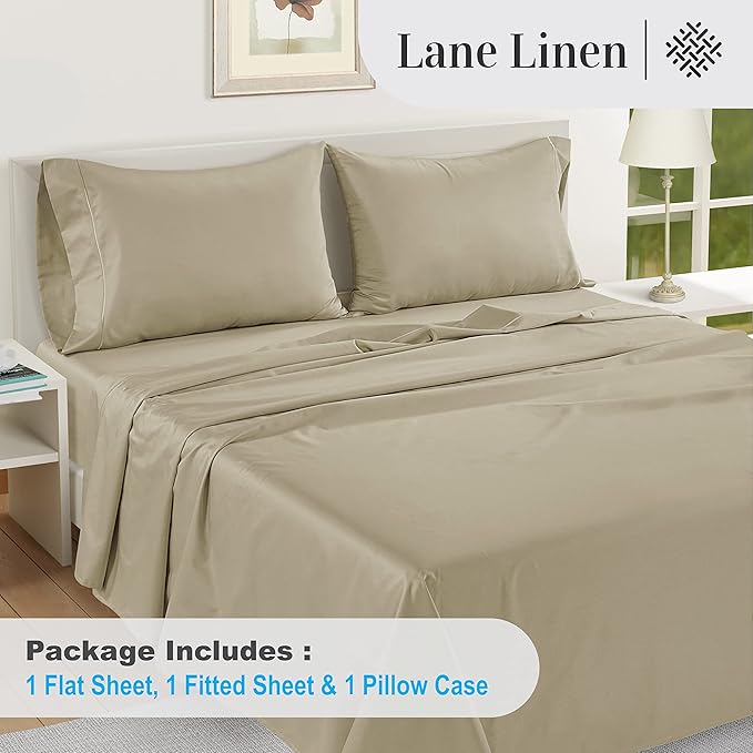 LANE LINEN 100% Egyptian Cotton Bed Sheets - 1000 Thread Count 3-Piece Twin Sheets Set, Long Staple Cotton Bedding Sheets, Sateen Weave, Luxury Hotel Sheets, Fits Upto 16' Mattress - Linen - LeafyLoom