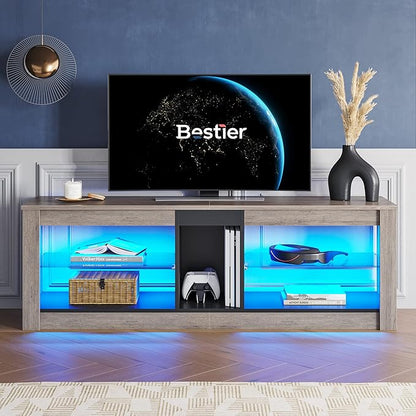 Bestier Entertainment Center LED Gaming TV Stand for 55+ Inch TV Adjustable Glass Shelves 22 Dynamic RGB Modes TV Cabinet Game Console PS4, Wash Gray - LeafyLoom