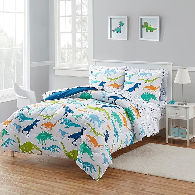 Kids Bedding Set Bed in a Bag for Boys and Girls Toddlers Printed Sheet Set and Comforter , Full, Dinosaur - LeafyLoom