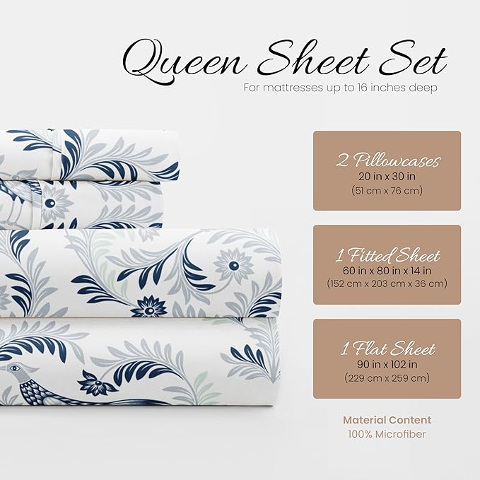 Linen Market 4 Piece Queen Bedding Sheet Set (Navy Blue Floral) - Sleep Better Than Ever with These Ultra-Soft & Cooling Bed Sheets for Your Queen Size Bed - Deep Pocket Fits 16" Mattress - LeafyLoom