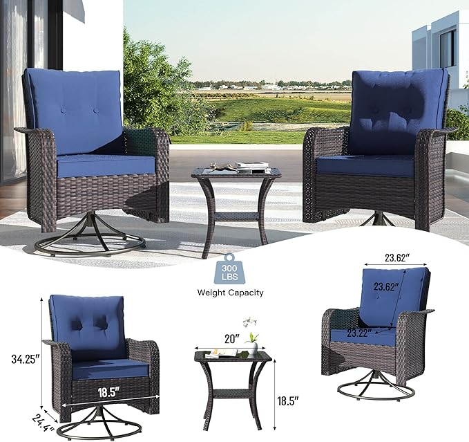 Kullavik 11PCS Outdoor Patio Furniture Set,PE Wicker Rattan Sectional Sofa Patio Conversation Sets with 43" 55000BTU Gas Propane Fire Pit Table,Swivel Rocking Chairs Set,Navy Blue - LeafyLoom