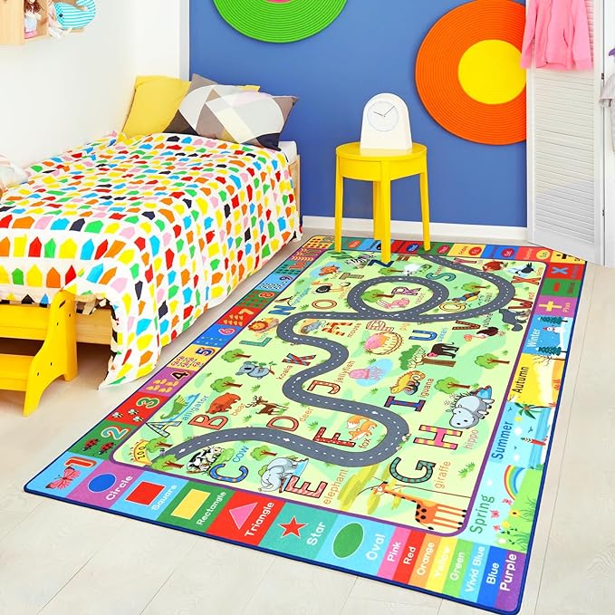 Terrug Kids Rugs for Playroom, Educational Classroom Rug for Kids Room, Washable Nursery Rug Carpet Non Slip Playroom Rug Play Mat for Learning ABC Rug, Numbers, Animal, Colors, Season, 4X6 Feet - LeafyLoom