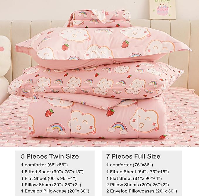 Mooreeke Bed in a Bag for Kids Girls Teens, 7 Pieces Full Size Comforter Bed Set with Shams, Sheet Set, Rainbow Cloud Strawberry Pink Super Soft Microfiber Kids Comforter Bedding Set - LeafyLoom