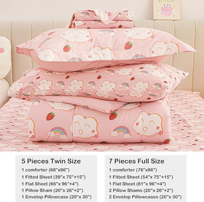 Mooreeke Bed in a Bag for Kids Girls Teens, 7 Pieces Full Size Comforter Bed Set with Shams, Sheet Set, Rainbow Cloud Strawberry Pink Super Soft Microfiber Kids Comforter Bedding Set - LeafyLoom