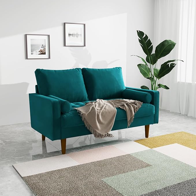 Velvet Furniture for Small Spaces, Mid-Century Modern Loveseats for Living Room, Love Seat Couch Sofas, 58 Inches, Teal Blue - LeafyLoom