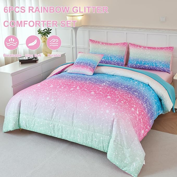 PERFEMET Girls Comforter Set with Sheets 6 Pieces Full Size Bedding Set Blue Pink Green Ombre Bed in A Bag Rainbow Tie Dye Kids Bed Sets Grandient Glitter Full Comforter Sets - LeafyLoom