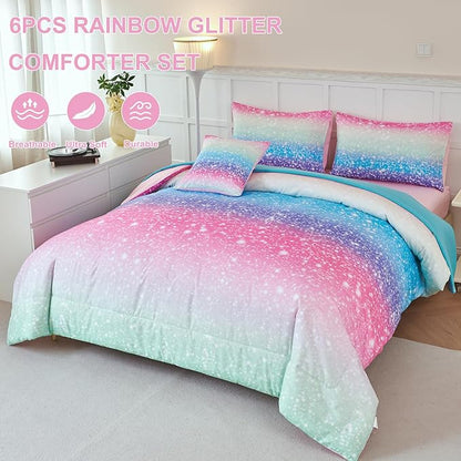 PERFEMET Rainbow Queen Comforter Set with Sheets, 6 Pieces Blue Green Bedding Sets for Girls, Tie Dye Ombre Bed Set for Bedroom Decoration, Lightweight All Season Bed in A Bag - LeafyLoom