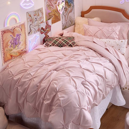 Bedsure Pink Twin Comforter Set for Girls - 5 Pieces Twin Bedding Sets, Pinch Pleat Pink Twin Bed in a Bag with Comforter, Sheets, Pillowcase & Sham - LeafyLoom