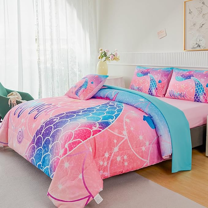 RYNGHIPY Mermaid Kids Girls Comforter Set Twin Size Pink Blue Gradient Fish Tail Bed in a Bag - includes Comforter & Sheet Set for Teens Girls Super Soft Kids Bedding - LeafyLoom