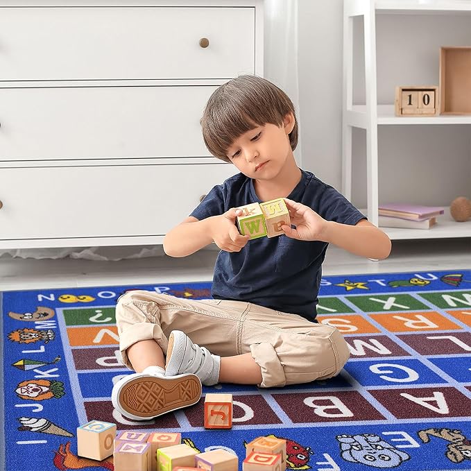 Machine Washable Educational Alphabet Design Non-Slip Rubberback 3x5 Kid's Area Rug for Playroom, Kid's Room, Bedroom, Kindergarten, 3'3" x 5', Blue - LeafyLoom