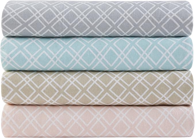 Comfort Spaces Cotton Flannel Breathable Warm Deep Pocket Sheets with Pillow Case Bedding, Full, Grey Geo 4 Piece - LeafyLoom