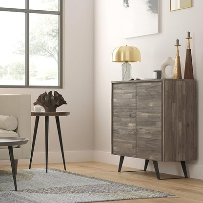 SIMPLIHOME Lowry SOLID ACACIA WOOD and Metal 39 Inch Wide Modern Industrial Medium Storage Cabinet in Distressed Grey, For the Living Room, Entryway and Family Room - LeafyLoom