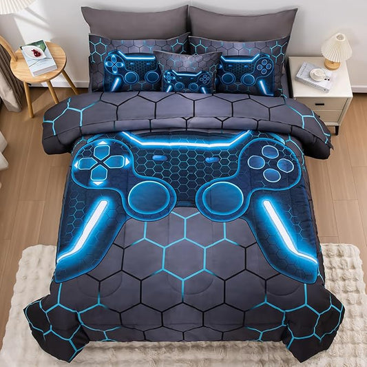 8Pcs Game Console Comforter Set with Sheets for Boys Girls Kids Teens, Geometric Gaming Themed Bed in A Bag Full Size, Blue 3D Video Gamer Controller Bedroom Decor Bedding Set-Blue - LeafyLoom