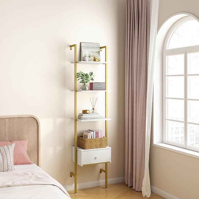 Tajsoon Ladder Shelf, Tall Bookcase with Storage Drawers, 4-Tier Wood Wall Mounted Bookshelf, Open Display Rack, Storage Shelves for Bedroom, Home Office, Collection, Plant Flower, Gold & White - LeafyLoom