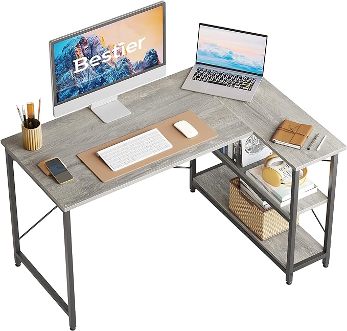 Bestier Small L Shaped Desk with Shelves 47 Inch Reversible Corner Computer Desk Writing Gaming Storage Table for Home Office Small Space, Gray Oak - LeafyLoom