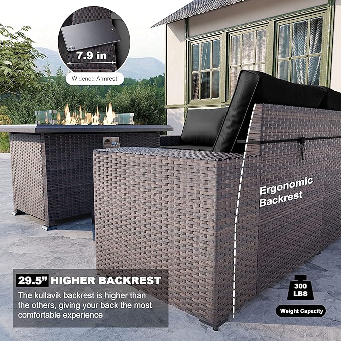 Kullavik 7 Pieces Outdoor Patio Furniture Set with 43" 55000BTU Gas Propane Fire Pit Table PE Wicker Rattan Sectional Sofa Patio Conversation Sets - LeafyLoom