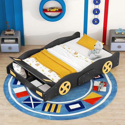 Full Size Race Car-Shaped Platform Bed with Wheels,Wooden Car Bedframe W/Storage Space,No Box Spring Required,for Boys Toddlers Kids Child's Bedroom,Black+Yellow - LeafyLoom