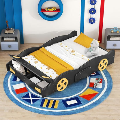 Full Size Bed Frame for Kids, Race Car-Shaped Wooden Platform Bed with Guardrail and Storage Space, Wheels and Support Slats, for Boys Girls Child's Bedroom, No Spring Need (Black) - LeafyLoom