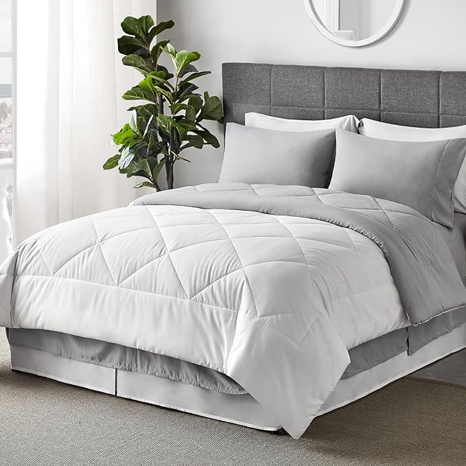 Bedsure White Twin Comforter Sets - 5 Pieces Reversible Twin Bedding Sets for College, White Extra Long Twin Bed Set with Comforters, Sheets, Pillowcase & Sham - LeafyLoom