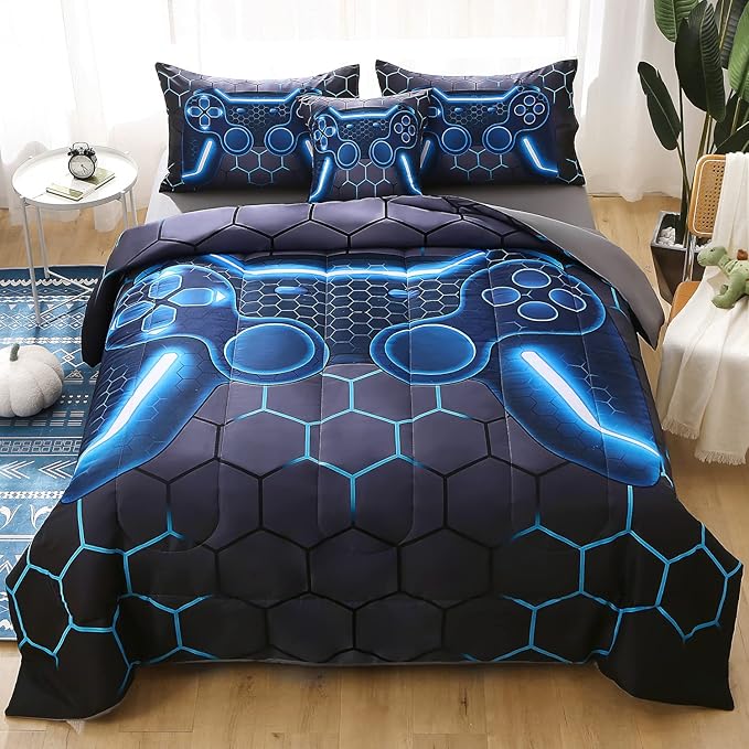 JQinHome Queen Gamer Comforter Set,6 Piece Bed in A Bag 3D Video Game Bedding -All Season Down Alternative Gamer Bedding Sets - (Blue Game Controller) - LeafyLoom