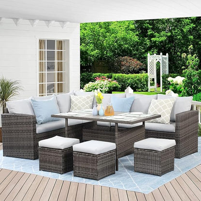 7 Piece Wicker Rattan Outdoor Dining Set with Dining Table and Ottomans, Patio Table and Chairs Set - LeafyLoom